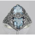 Detail view of Art Deco 2 Stone Blue Topaz and Diamond Filigree Ring Sterling Silver highlighting Blue Topaz, Diamond