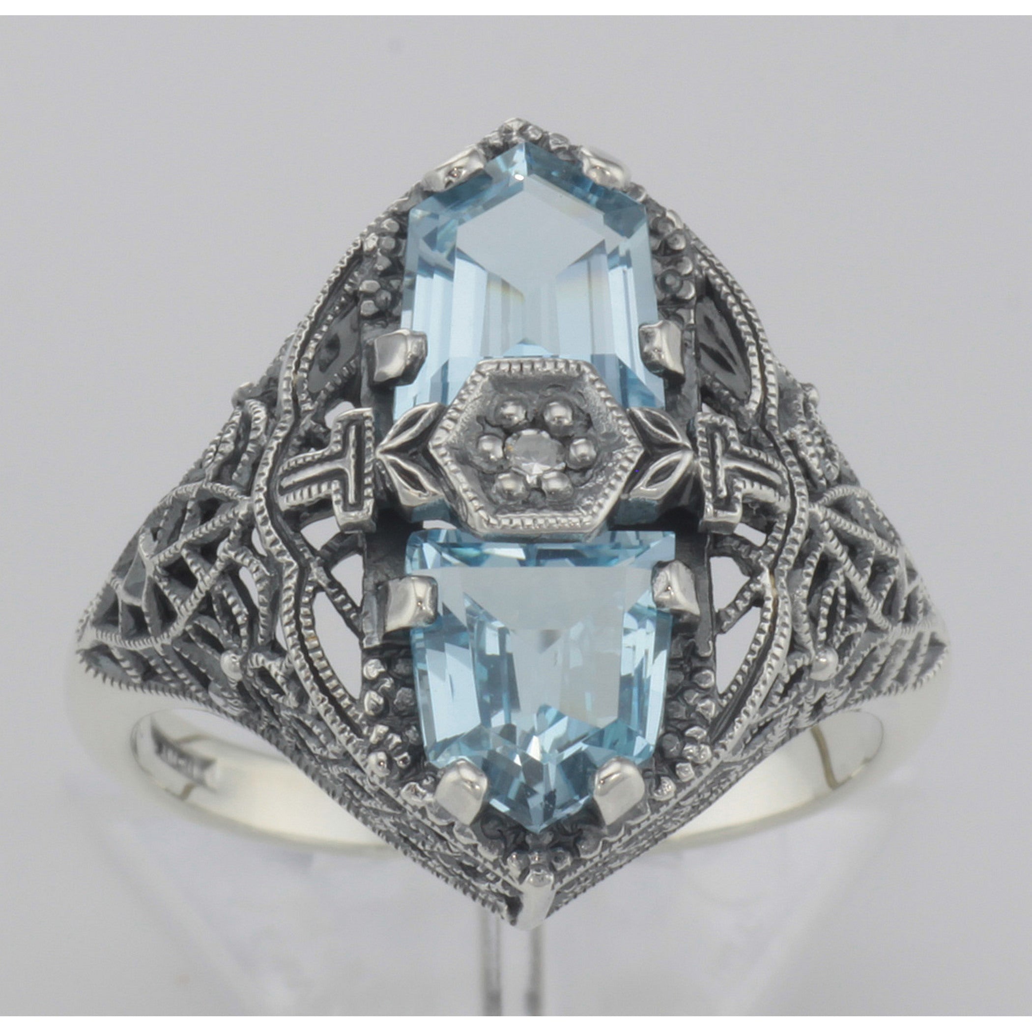 Detail view of Art Deco 2 Stone Blue Topaz and Diamond Filigree Ring Sterling Silver highlighting Blue Topaz, Diamond