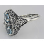 Back view of Art Deco 2 Stone Blue Topaz and Diamond Filigree Ring Sterling Silver showing 925 sterling silver hallmark