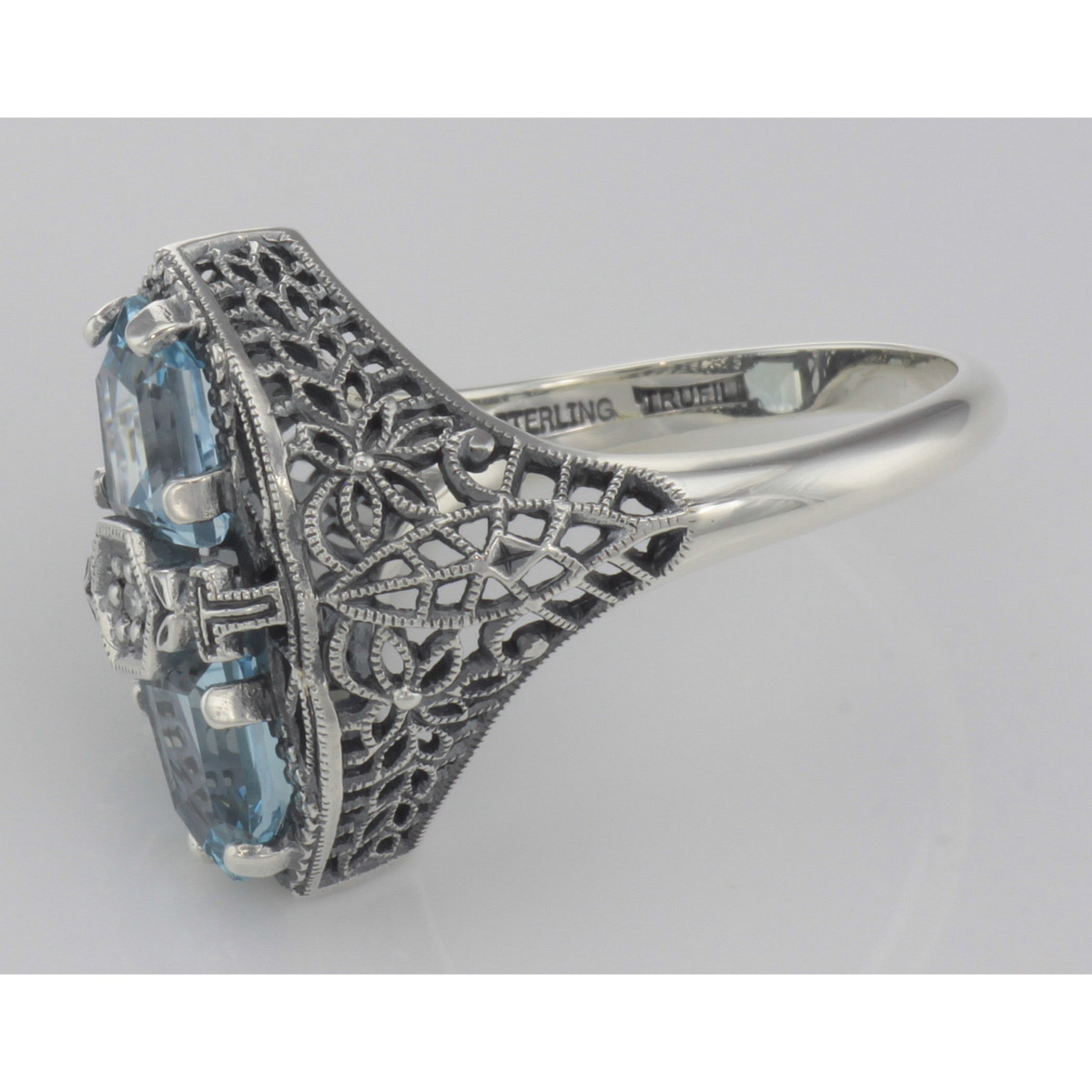 Back view of Art Deco 2 Stone Blue Topaz and Diamond Filigree Ring Sterling Silver showing 925 sterling silver hallmark