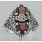 Detail view of Art Deco Style 2 Stone Garnet and Diamond Filigree Ring Sterling Silver highlighting Garnet, Diamond