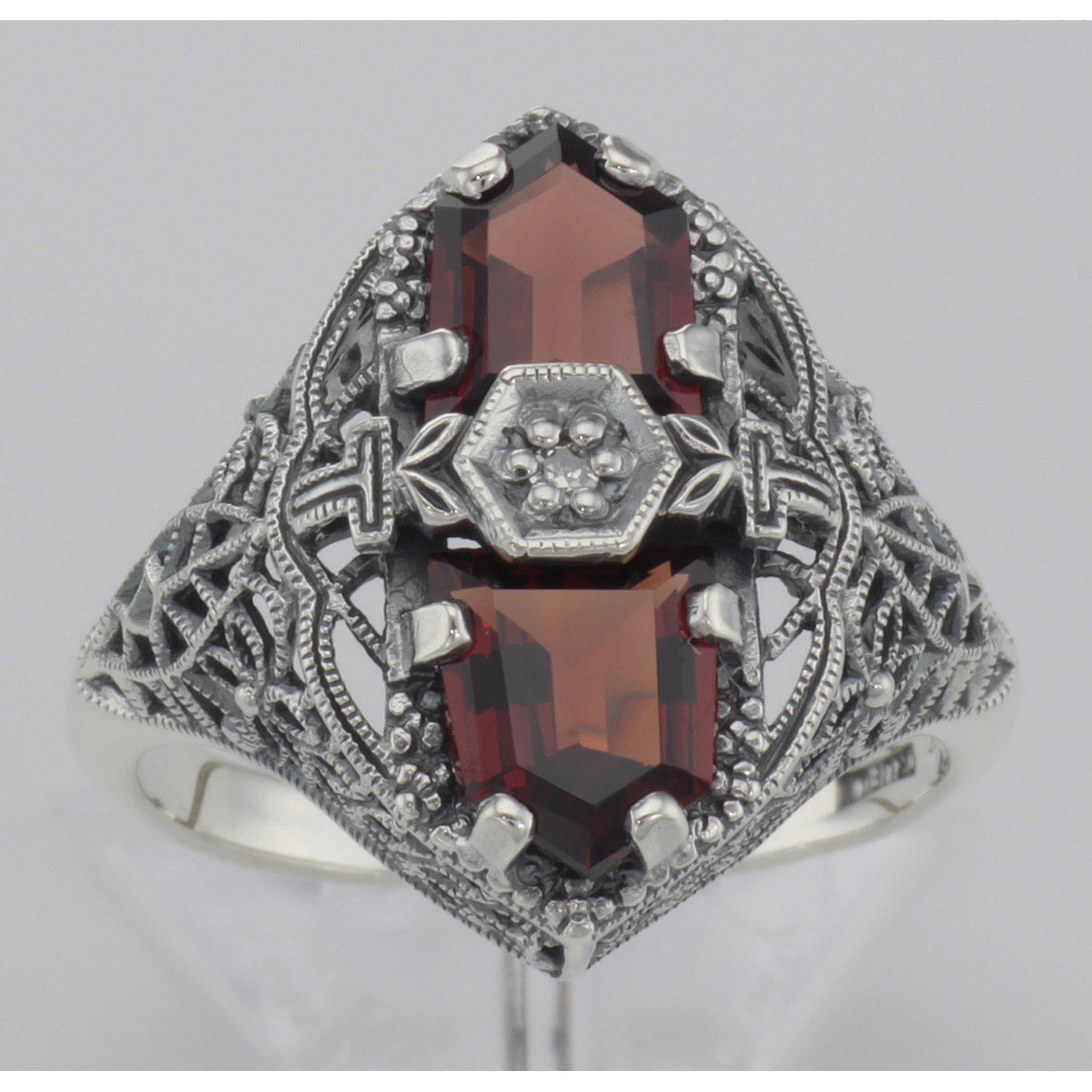 Detail view of Art Deco Style 2 Stone Garnet and Diamond Filigree Ring Sterling Silver highlighting Garnet, Diamond