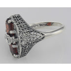 Back view of Art Deco Style 2 Stone Garnet and Diamond Filigree Ring Sterling Silver showing 925 sterling silver hallmark