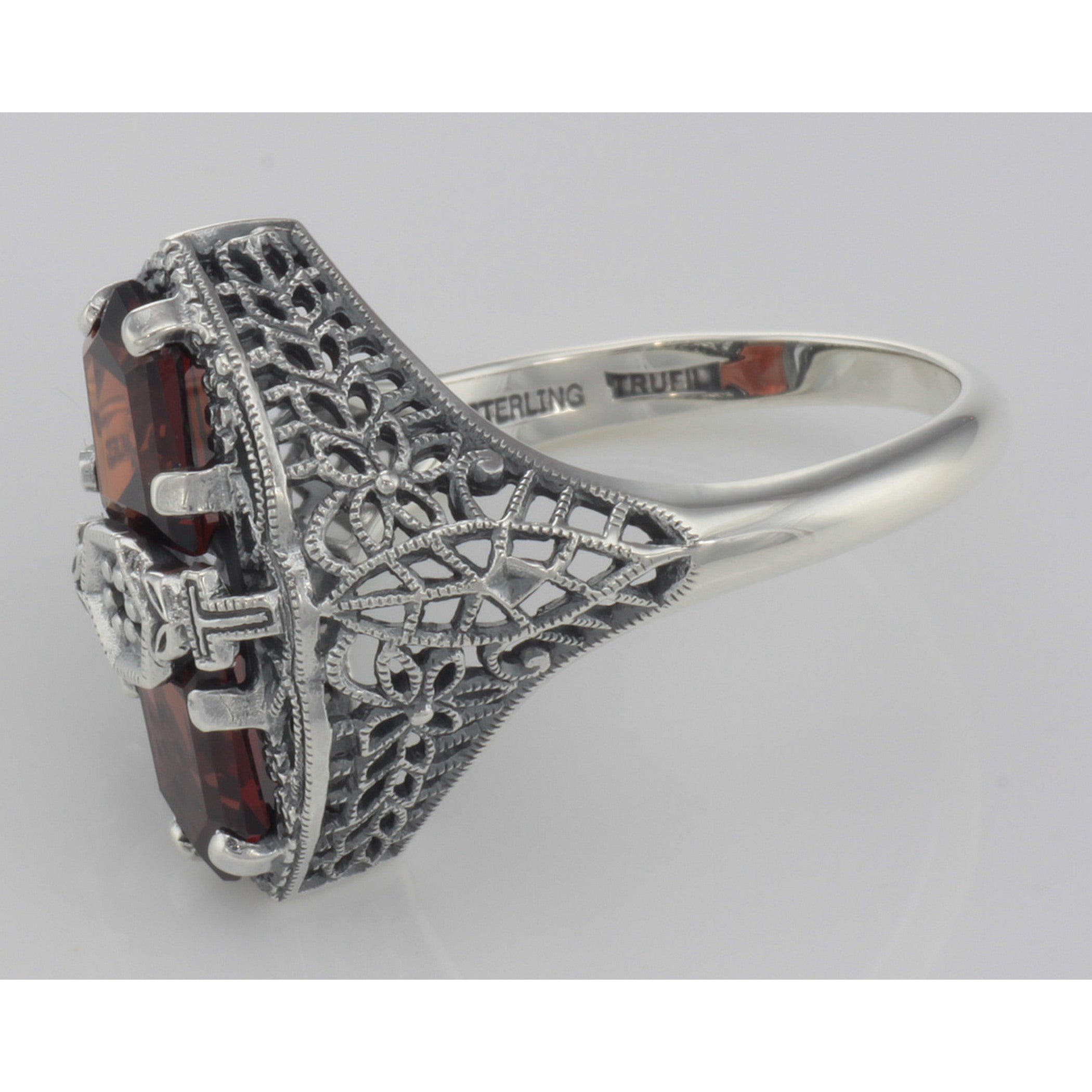 Back view of Art Deco Style 2 Stone Garnet and Diamond Filigree Ring Sterling Silver showing 925 sterling silver hallmark