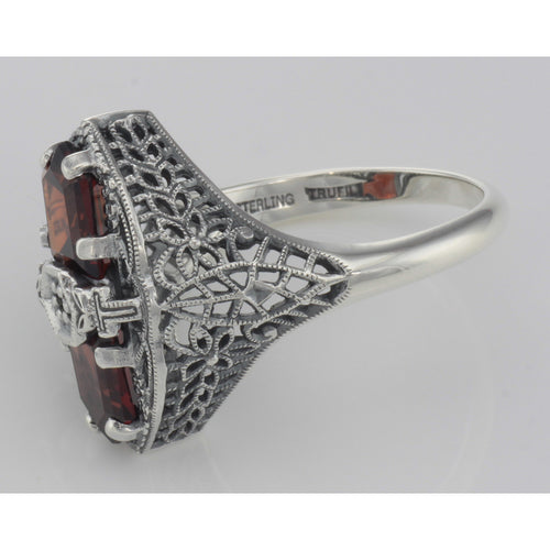 Back view of Art Deco Style 2 Stone Garnet and Diamond Filigree Ring Sterling Silver showing 925 sterling silver hallmark