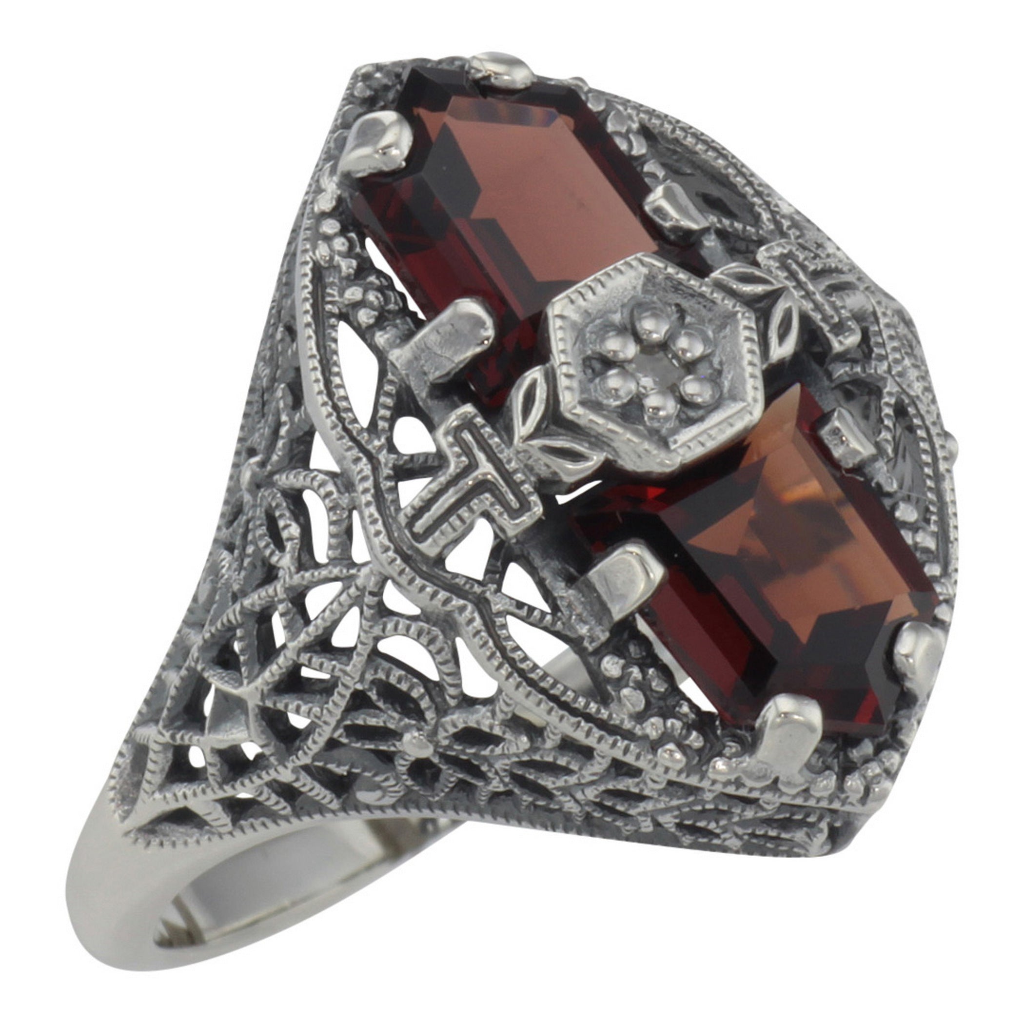 Art Deco style, Garnet, Diamond, sterling silver rings, front view