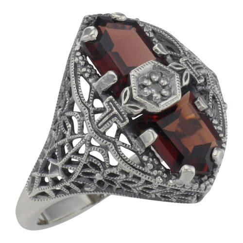 Art Deco style, Garnet, Diamond, sterling silver rings, front view