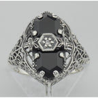 Detail view of Art Deco Style Black Onyx Filigree Ring with Diamond highlighting Diamond, Black Onyx