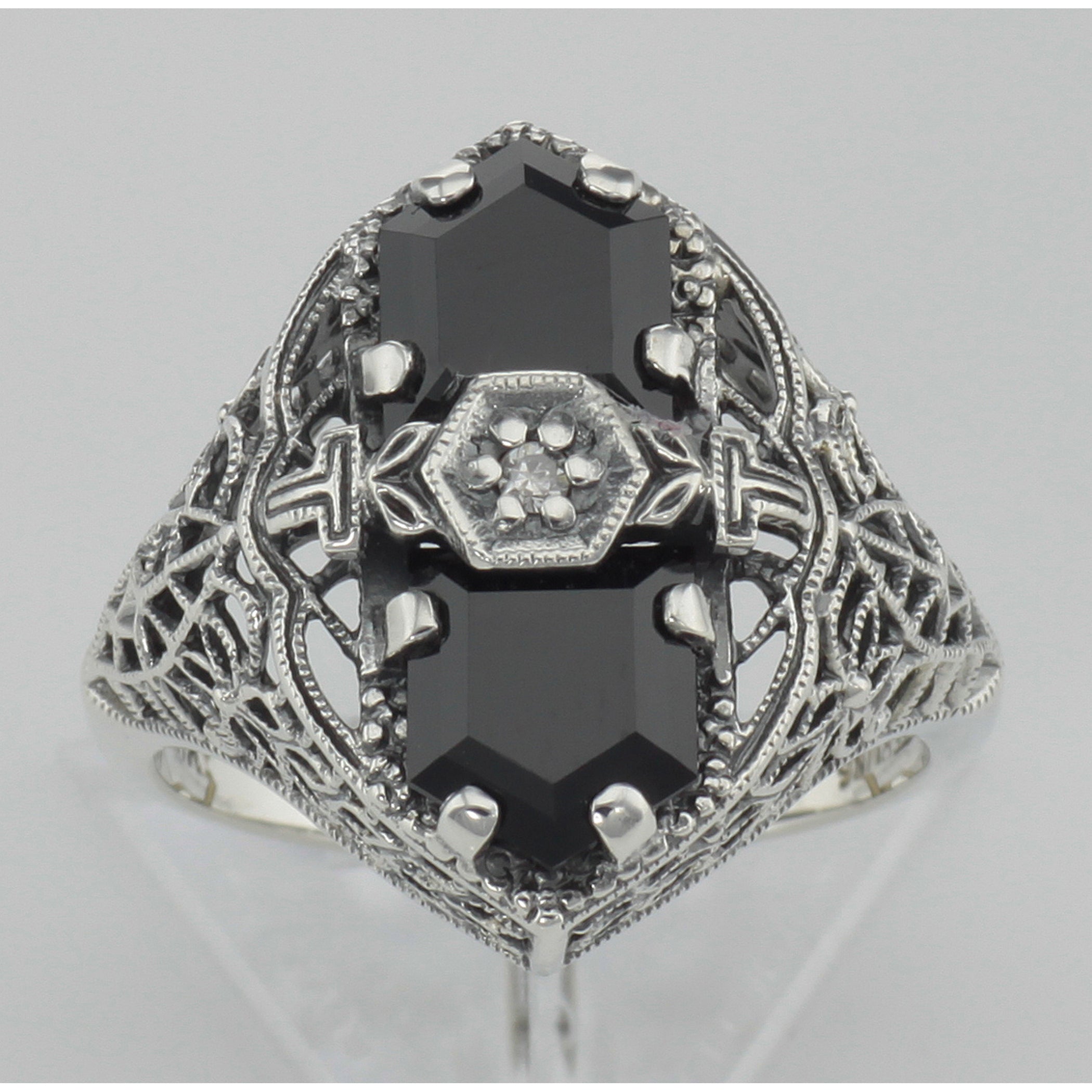 Detail view of Art Deco Style Black Onyx Filigree Ring with Diamond highlighting Diamond, Black Onyx