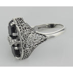 Back view of Art Deco Style Black Onyx Filigree Ring with Diamond showing 925 sterling silver hallmark
