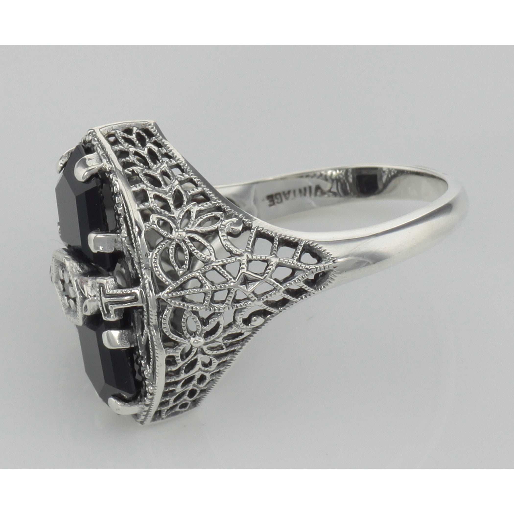 Back view of Art Deco Style Black Onyx Filigree Ring with Diamond showing 925 sterling silver hallmark