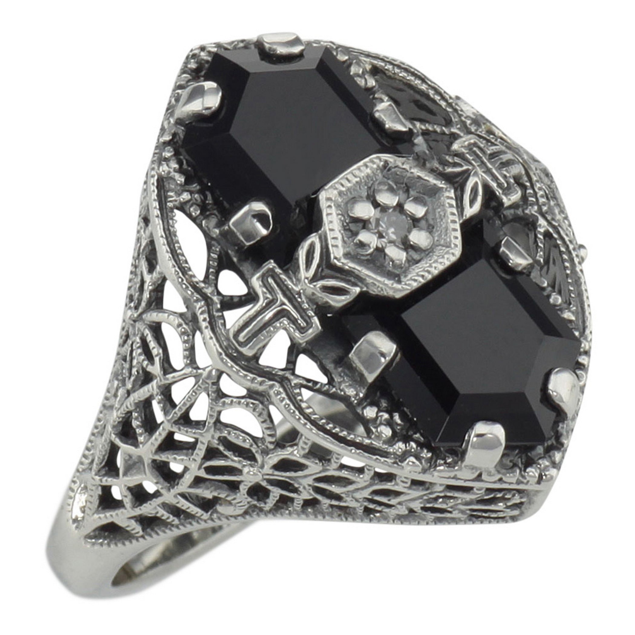 Art Deco style, Diamond, Black Onyx, sterling silver rings, front view