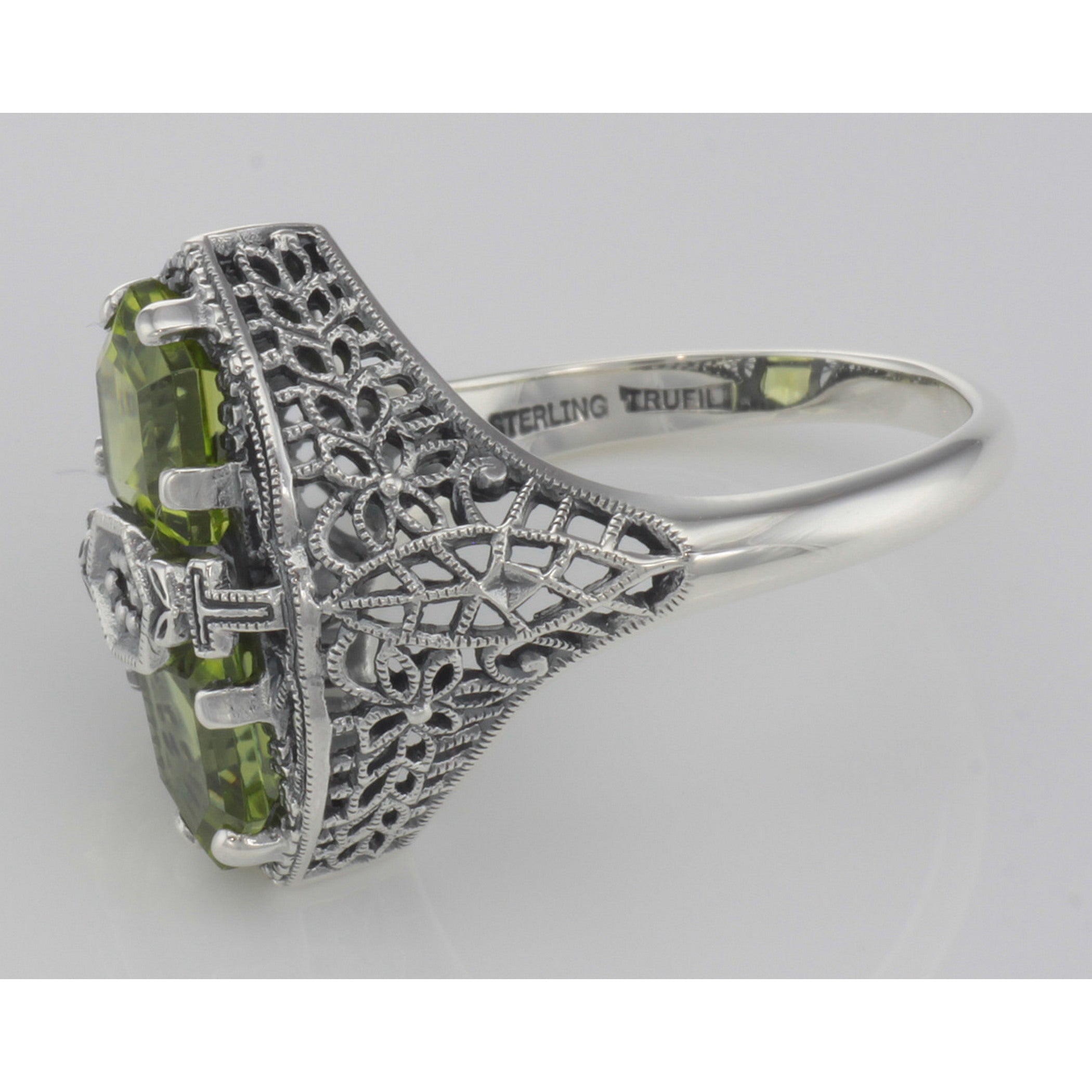 Detail view of Art Deco Style 2 Stone Peridot and Diamond Filigree Ring Sterling Silver highlighting Diamond, Peridot