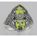 Back view of Art Deco Style 2 Stone Peridot and Diamond Filigree Ring Sterling Silver showing 925 sterling silver hallmark