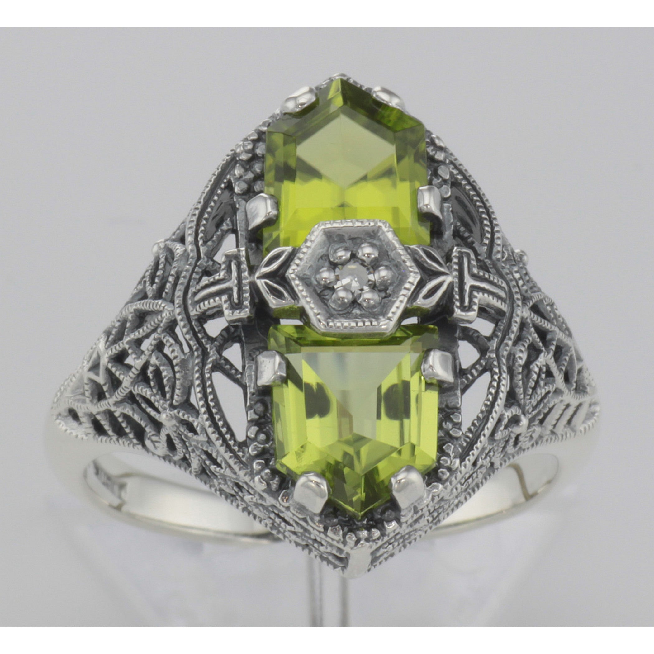 Back view of Art Deco Style 2 Stone Peridot and Diamond Filigree Ring Sterling Silver showing 925 sterling silver hallmark