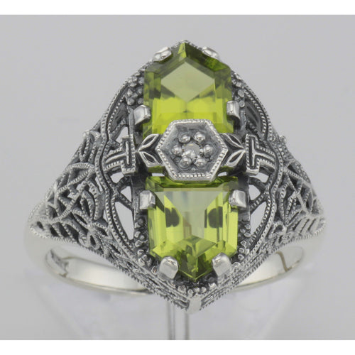 Back view of Art Deco Style 2 Stone Peridot and Diamond Filigree Ring Sterling Silver showing 925 sterling silver hallmark