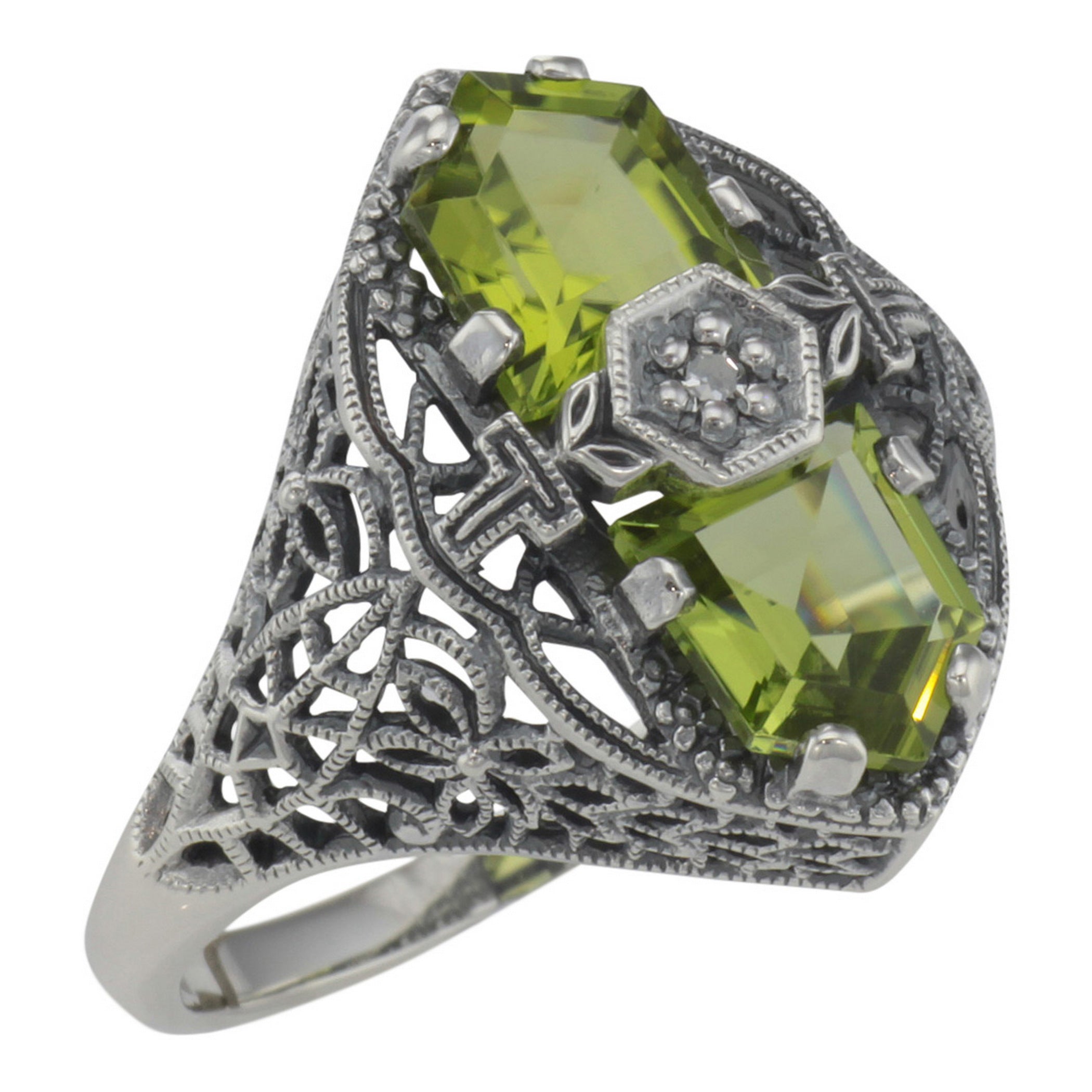 Art Deco style, Diamond, Peridot, sterling silver rings, front view