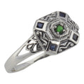Filigree, Sapphire, Emerald, sterling silver rings, front view