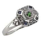 Filigree, Sapphire, Emerald, sterling silver rings, front view