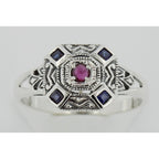 Back view of Sapphire / Ruby Filigree Ring - Deco Style showing 925 sterling silver hallmark