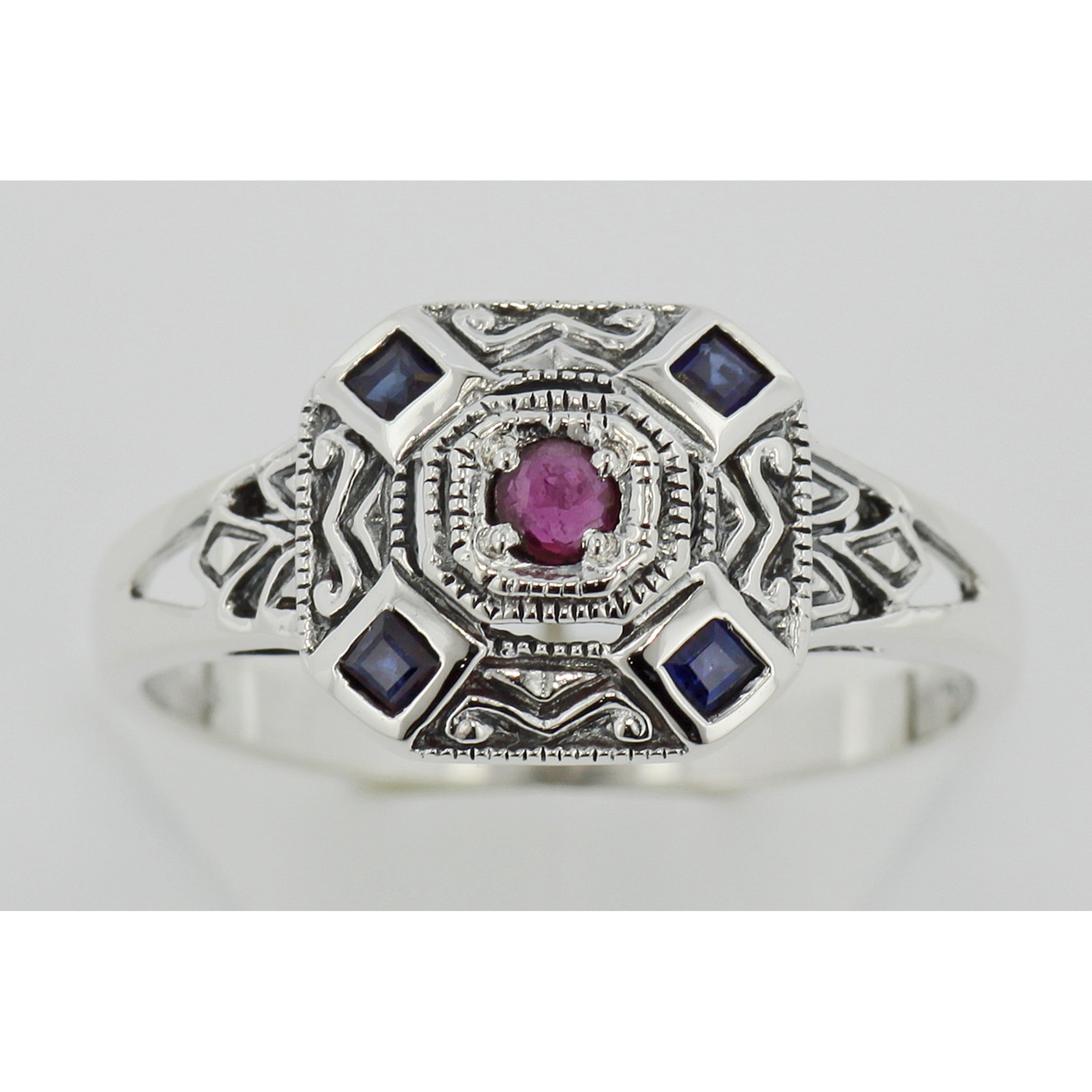 Back view of Sapphire / Ruby Filigree Ring - Deco Style showing 925 sterling silver hallmark