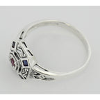 Detail view of Sapphire / Ruby Filigree Ring - Deco Style highlighting Ruby, Sapphire