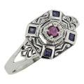Filigree, Ruby, Sapphire, sterling silver rings, front view