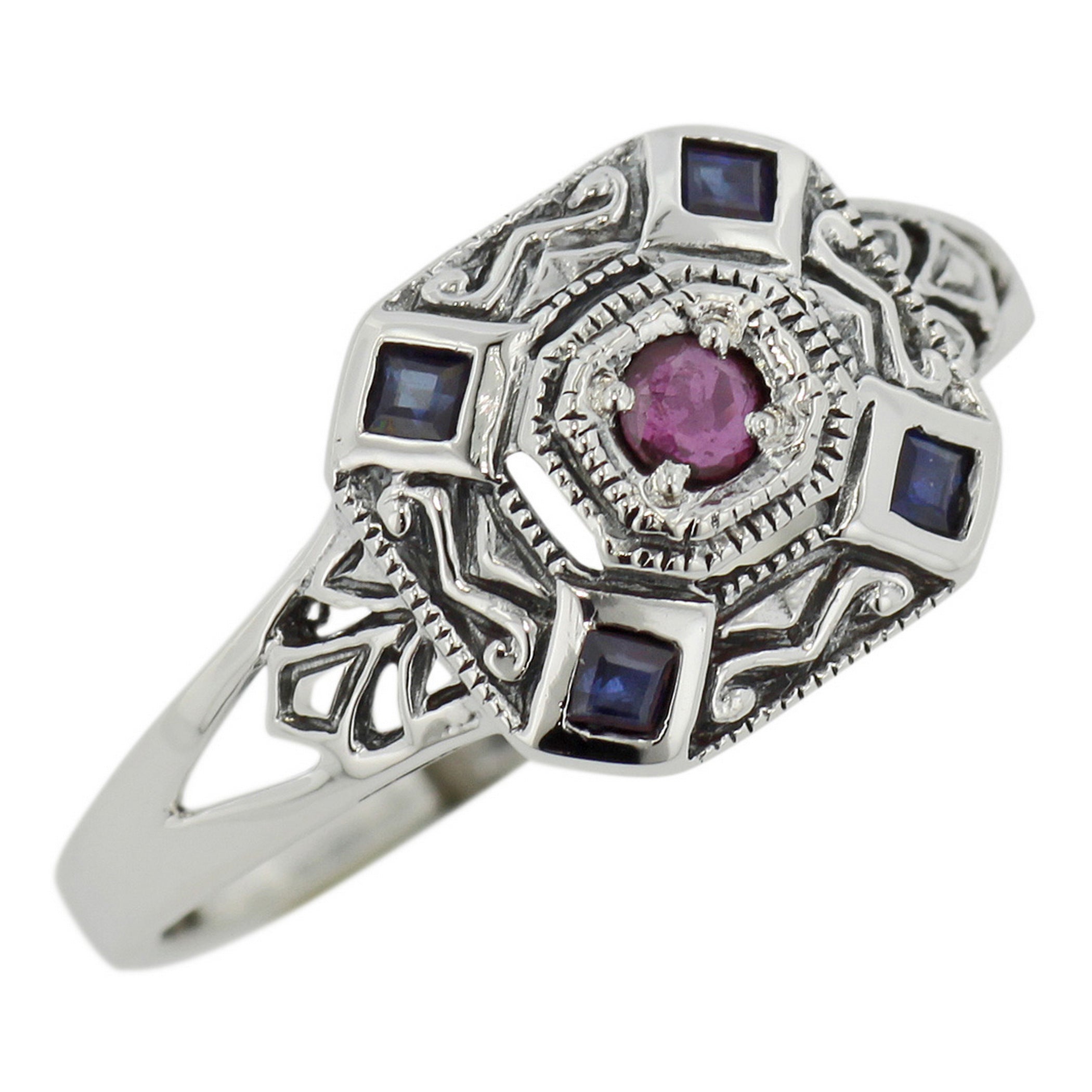 Filigree, Ruby, Sapphire, sterling silver rings, front view