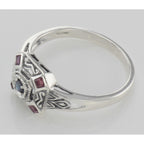 Detail view of Sapphire / Ruby Filigree Ring - Deco Style highlighting Ruby, Sapphire