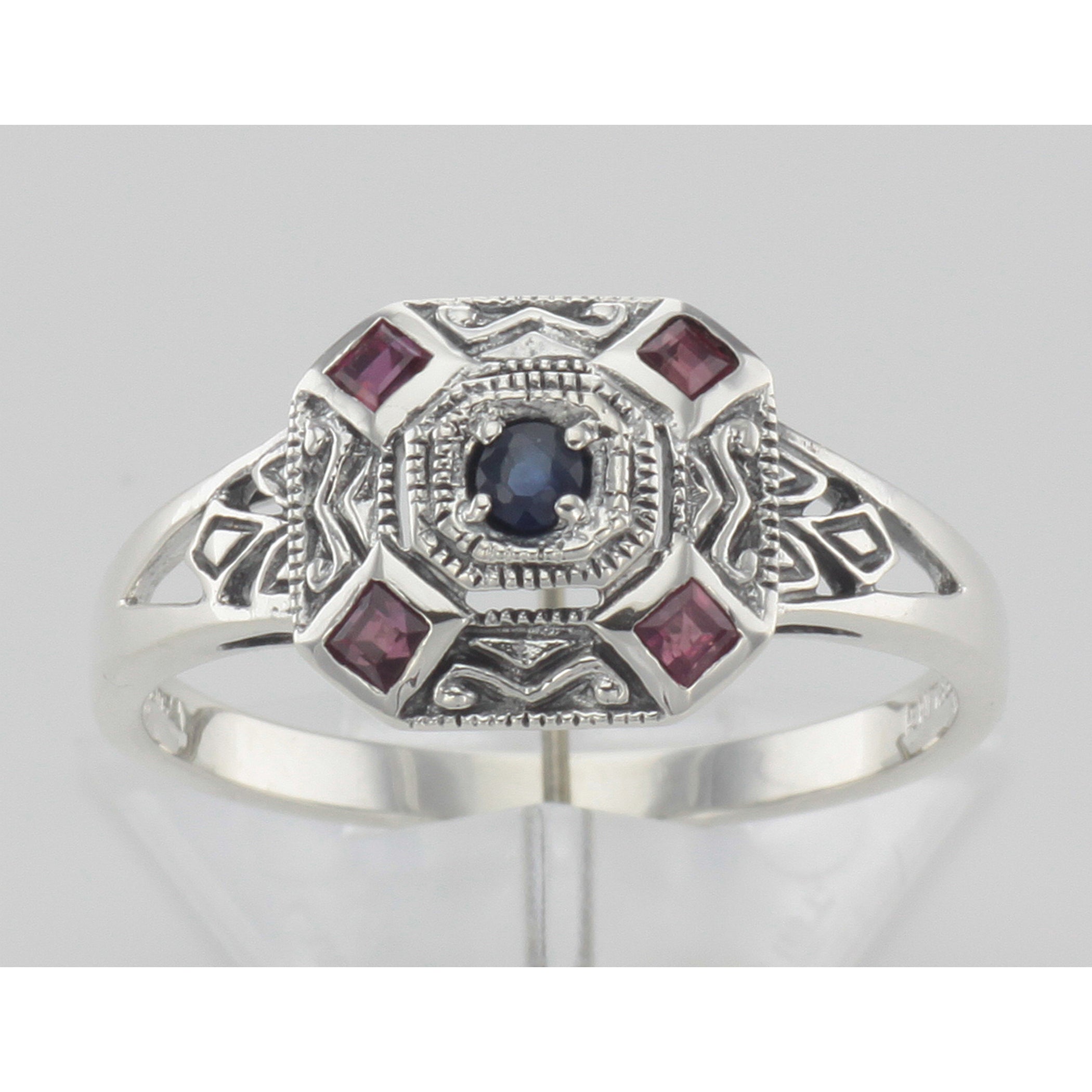 Back view of Sapphire / Ruby Filigree Ring - Deco Style showing 925 sterling silver hallmark