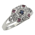 Filigree, Ruby, Sapphire, sterling silver rings, front view