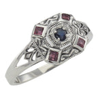 Filigree, Ruby, Sapphire, sterling silver rings, front view