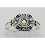 Detail view of Art Deco Style Semi Mount 2mm Sapphire Filigree Ring highlighting Sapphire
