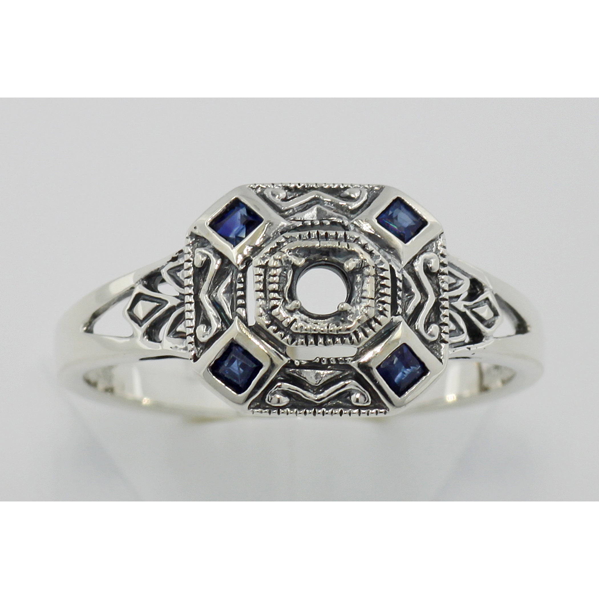 Detail view of Art Deco Style Semi Mount 2mm Sapphire Filigree Ring highlighting Sapphire