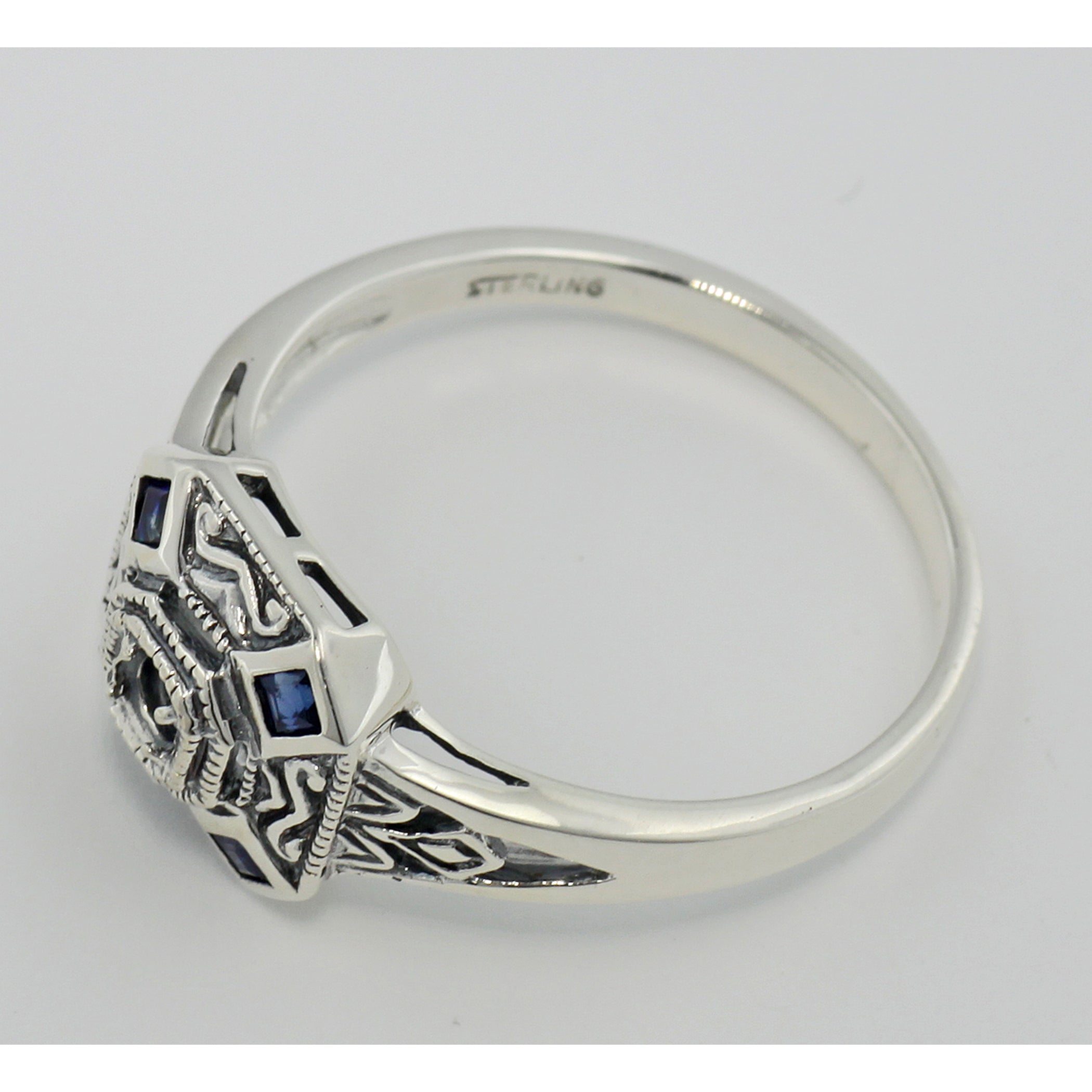 Back view of Art Deco Style Semi Mount 2mm Sapphire Filigree Ring showing 925 sterling silver hallmark