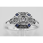 Detail view of Sapphire White Topaz Filigree Ring - Art Deco Style highlighting White Topaz, Sapphire