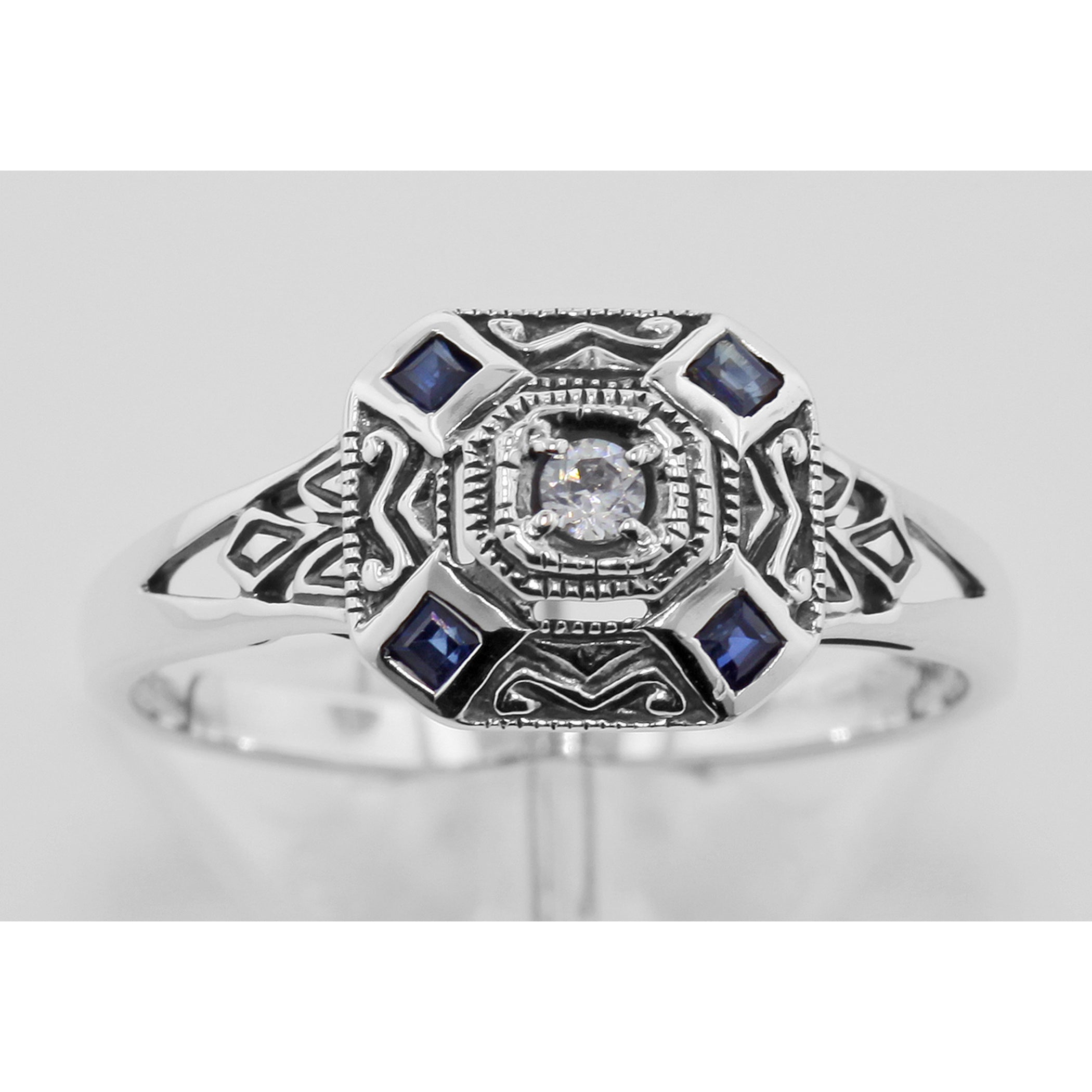 Detail view of Sapphire White Topaz Filigree Ring - Art Deco Style highlighting White Topaz, Sapphire