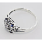 Back view of Sapphire White Topaz Filigree Ring - Art Deco Style showing 925 sterling silver hallmark