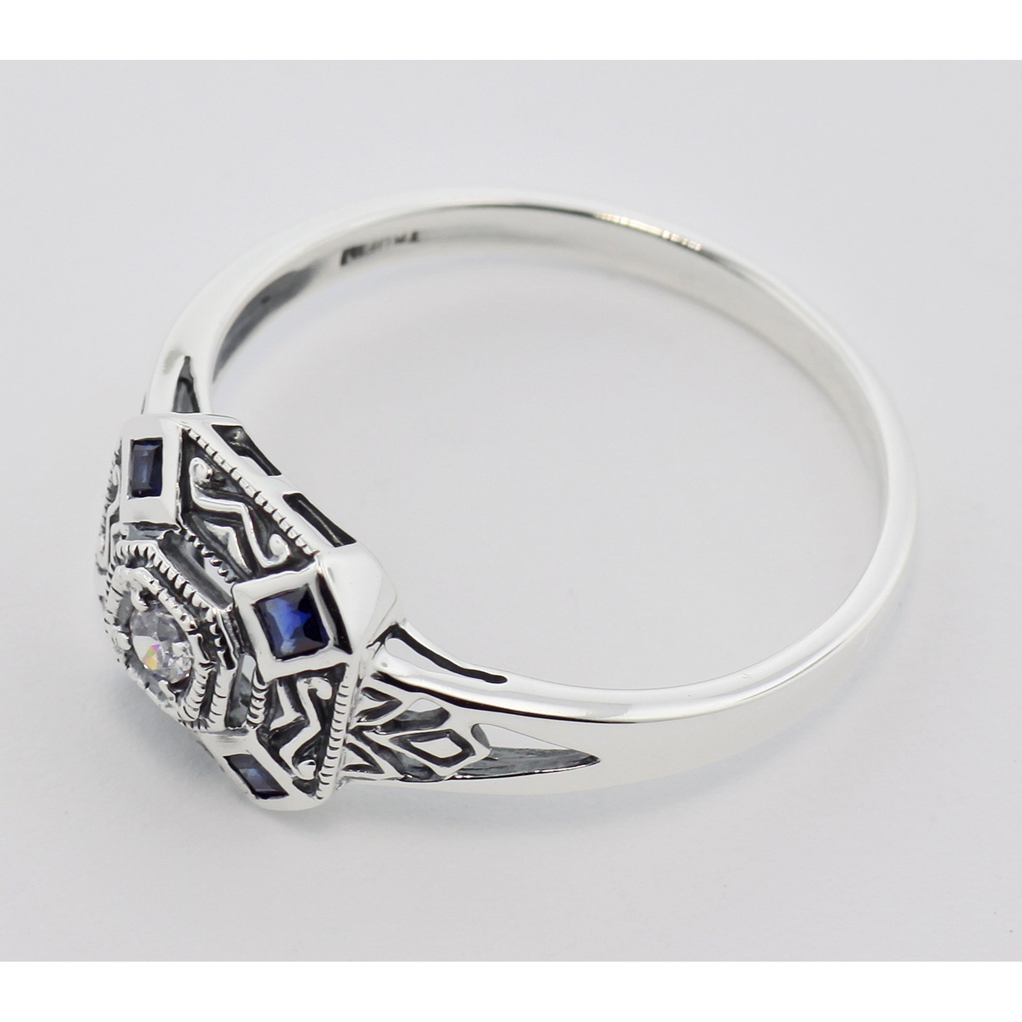 Back view of Sapphire White Topaz Filigree Ring - Art Deco Style showing 925 sterling silver hallmark