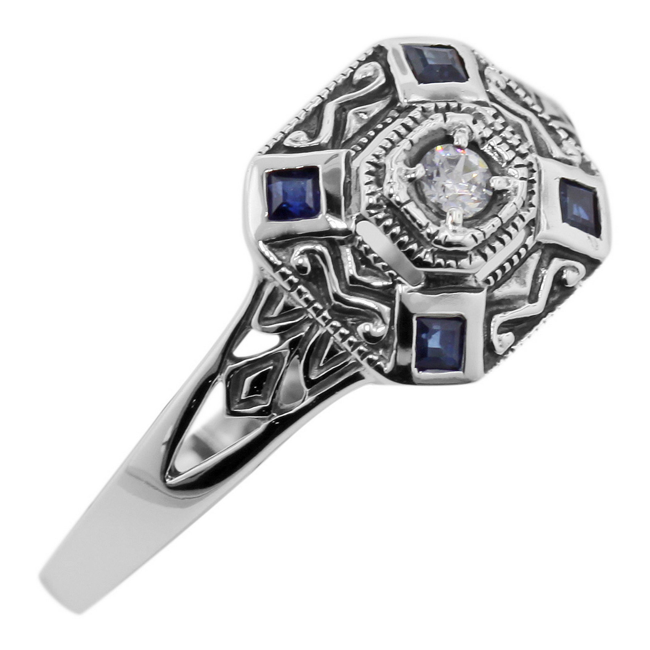 Art Deco style, White Topaz, Sapphire, sterling silver rings, front view