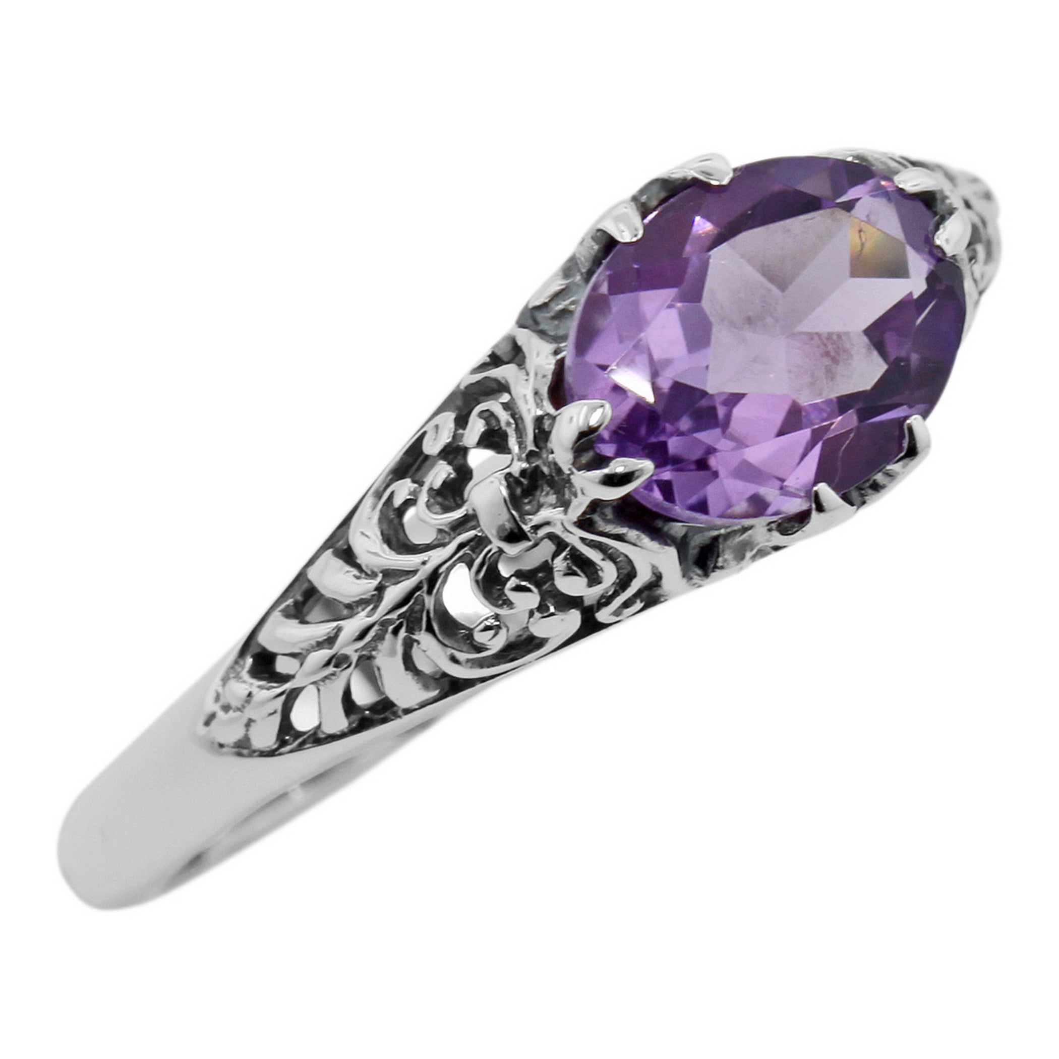 Filigree, Amethyst, sterling silver rings, front view