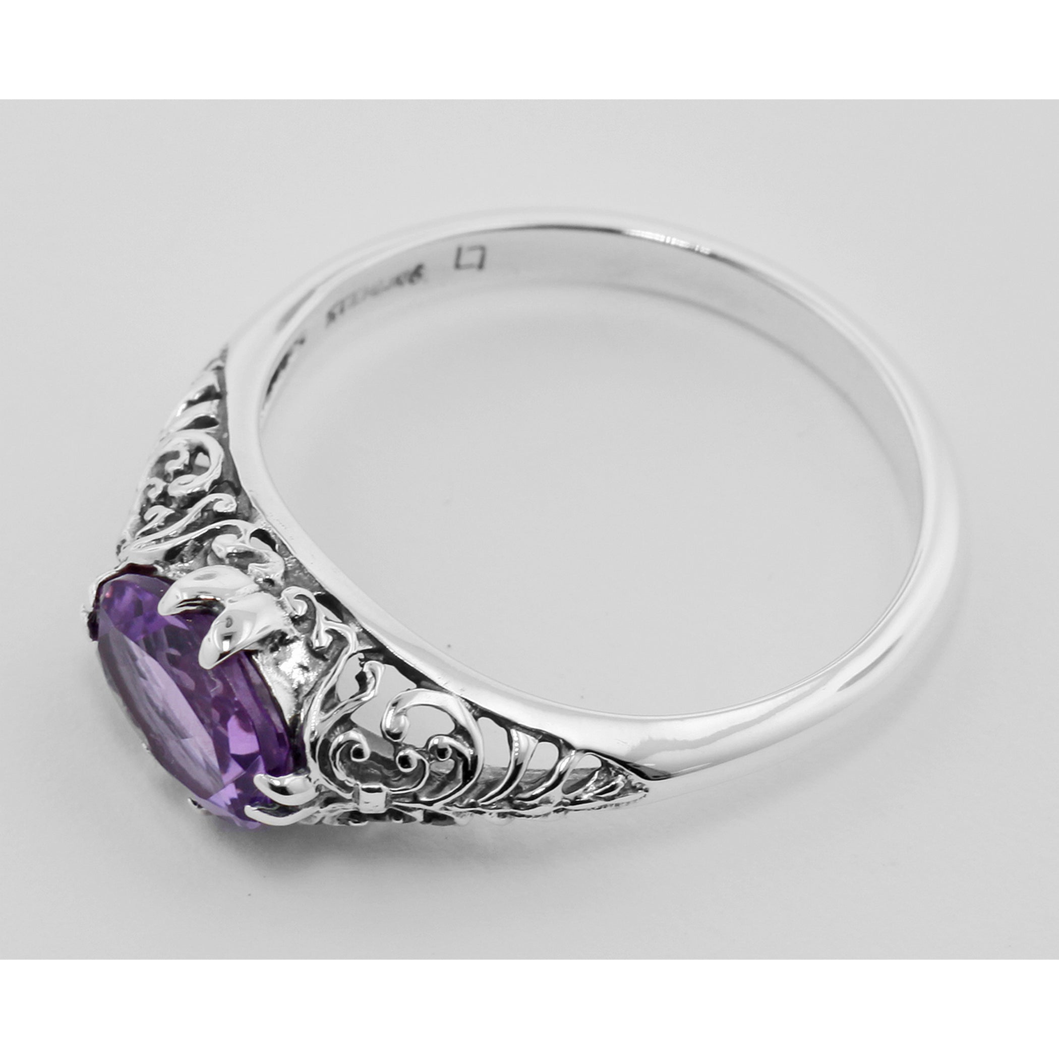 Detail view of Natural Purple Oval Amethyst Filigree Ring highlighting Amethyst