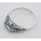 Back view of Natural Oval Blue Topaz Gemstone Filigree Ring showing 925 sterling silver hallmark