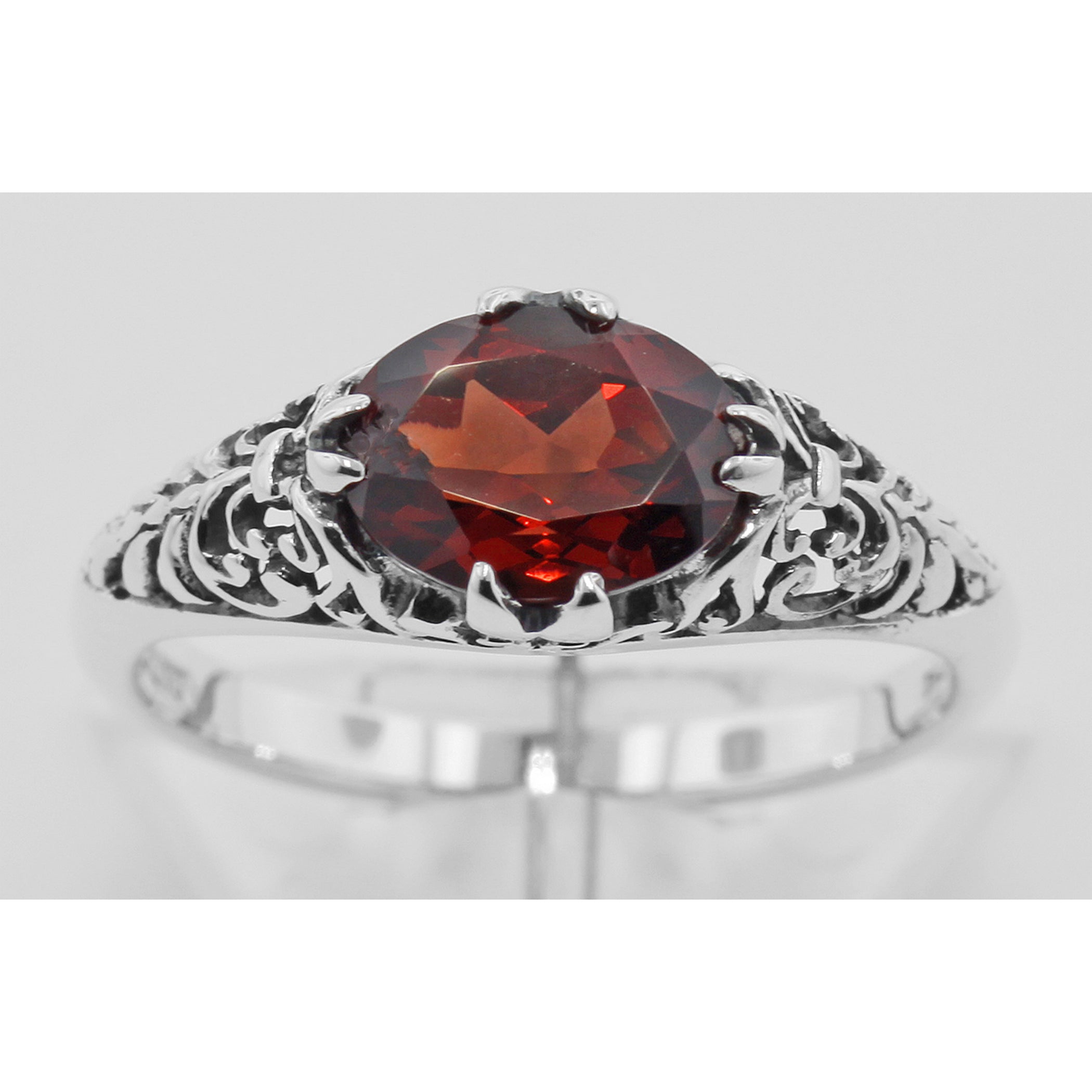 Detail view of Antique Style Natural Red Oval Garnet Filigree Ring highlighting Garnet