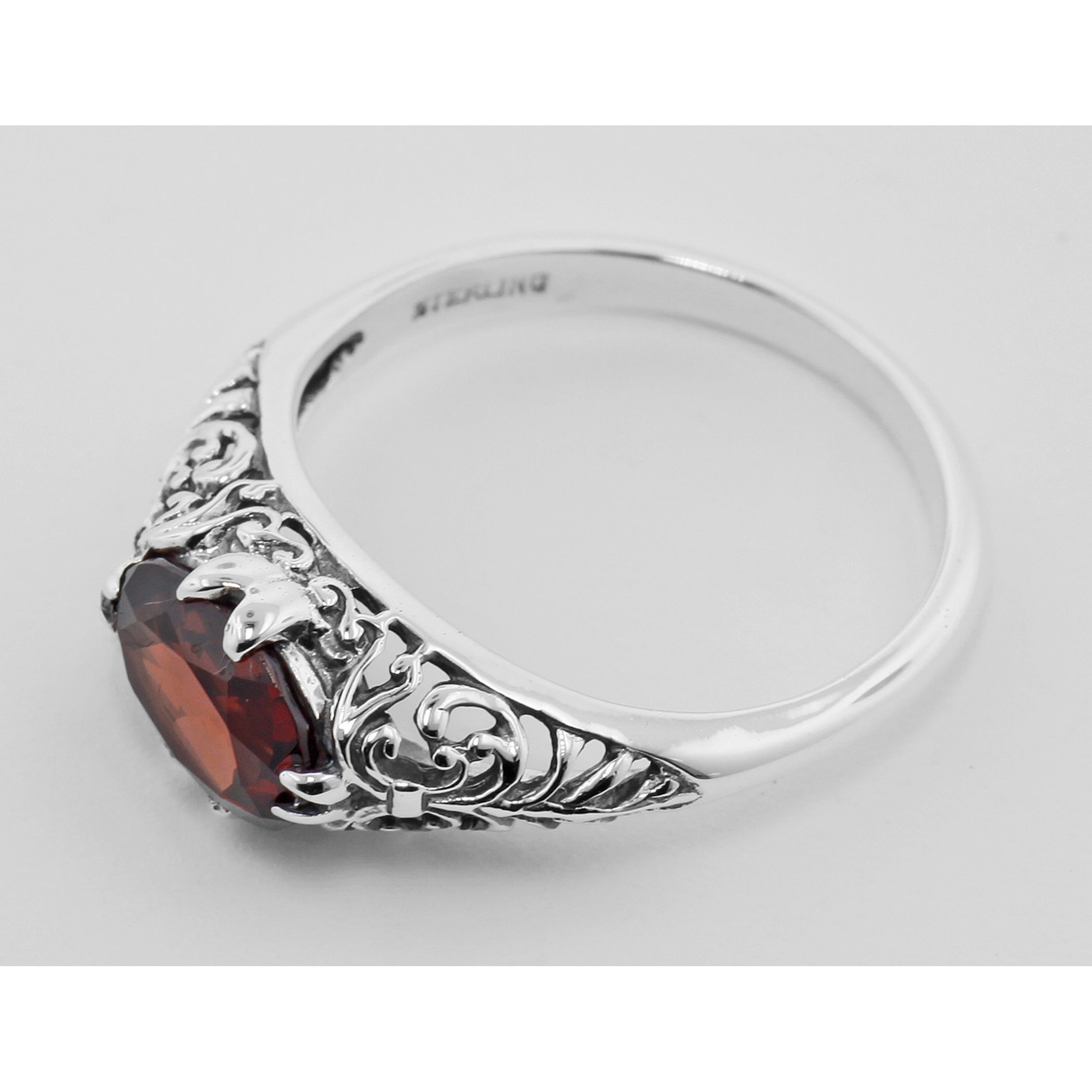 Back view of Antique Style Natural Red Oval Garnet Filigree Ring showing 925 sterling silver hallmark