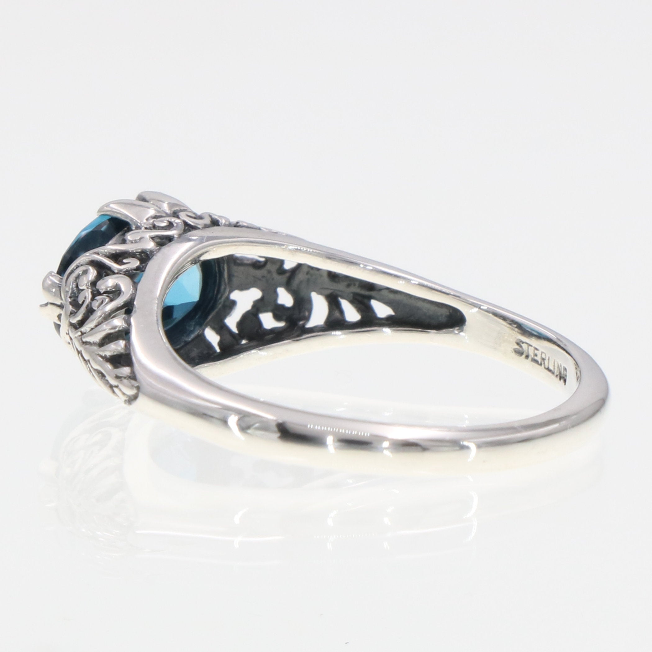 Detail view of Oval London Blue Topaz Gemstone Filigree Ring highlighting Blue Topaz, London Blue Topaz