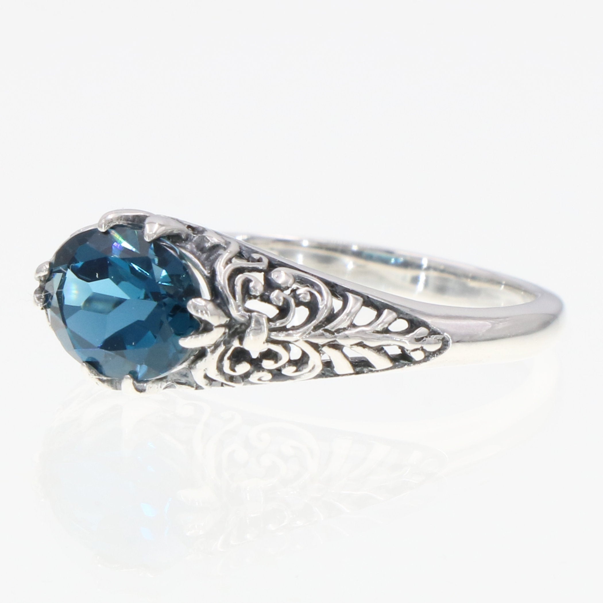Detail view of Oval London Blue Topaz Gemstone Filigree Ring highlighting Blue Topaz, London Blue Topaz