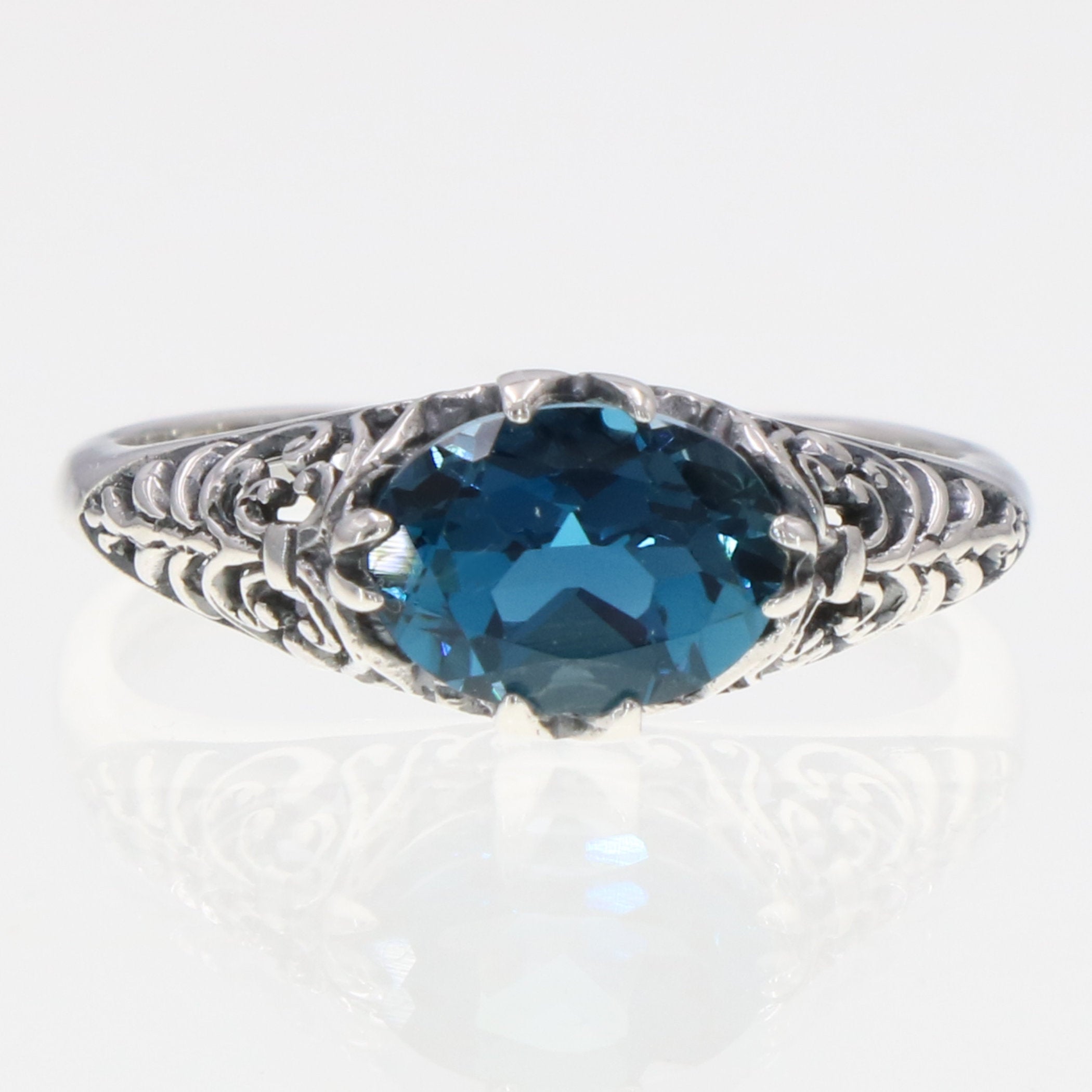 Back view of Oval London Blue Topaz Gemstone Filigree Ring showing 925 sterling silver hallmark
