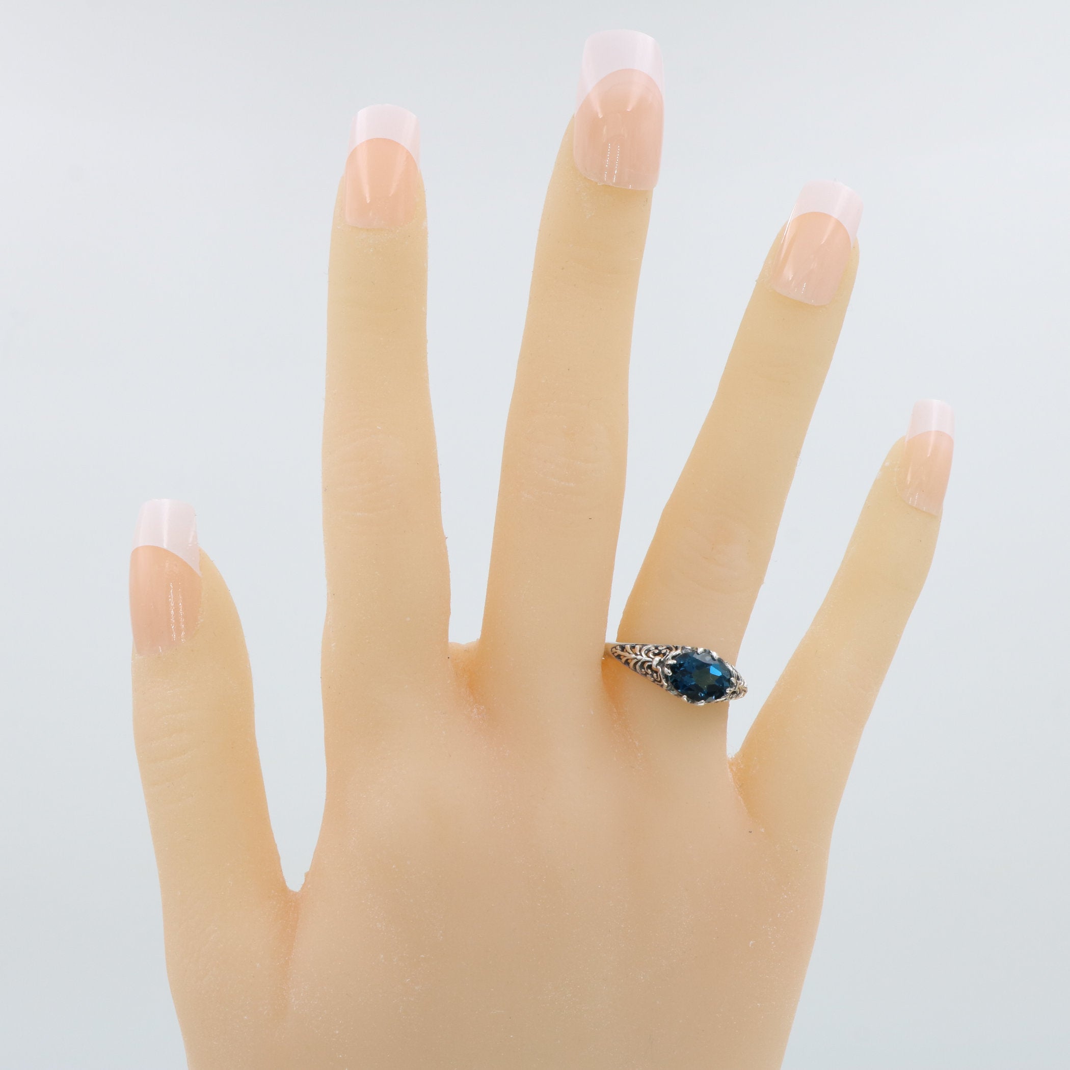 Detail view of Oval London Blue Topaz Gemstone Filigree Ring highlighting Blue Topaz, London Blue Topaz