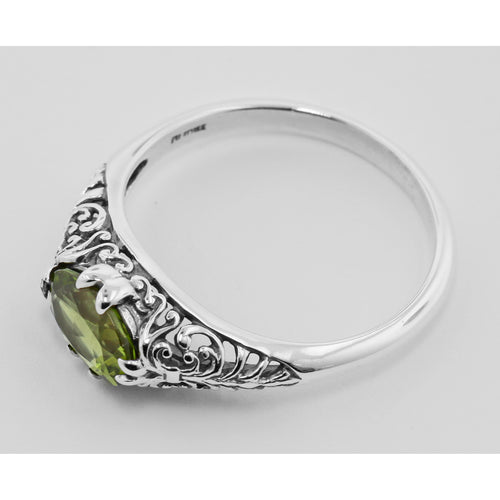 Back view of Antique Style Natural Green Oval Peridot Filigree Ring showing 925 sterling silver hallmark